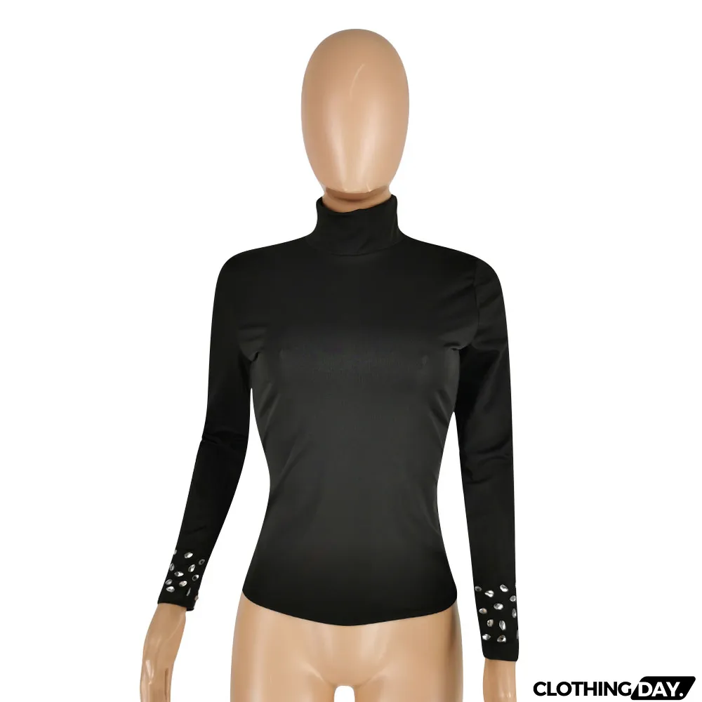 Autumn Black Rhinestones Fitted Basic Shirt