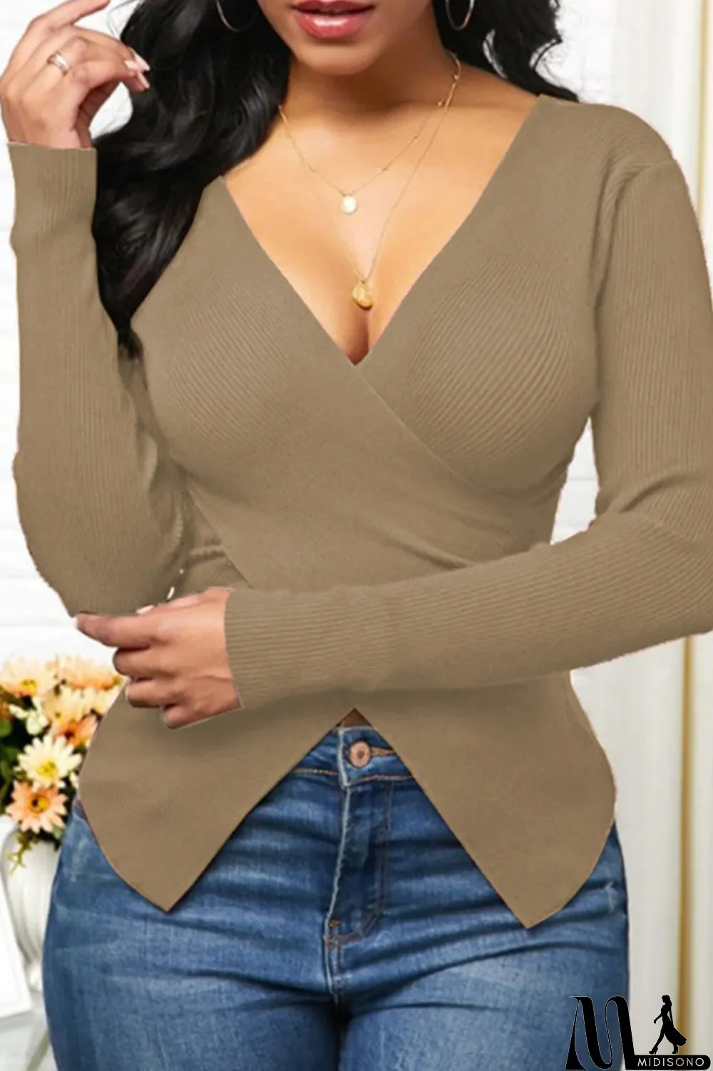 MidiSono - Khaki Fashion Casual Solid Split Joint V Neck Tops