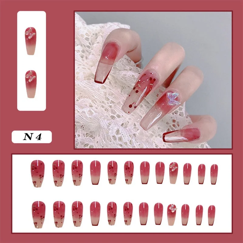 24pcs false nails matte Green Nails Patch with glue Removable Long Paragraph Fashion Manicure press on Nail tips free shipping-Nail Inspo