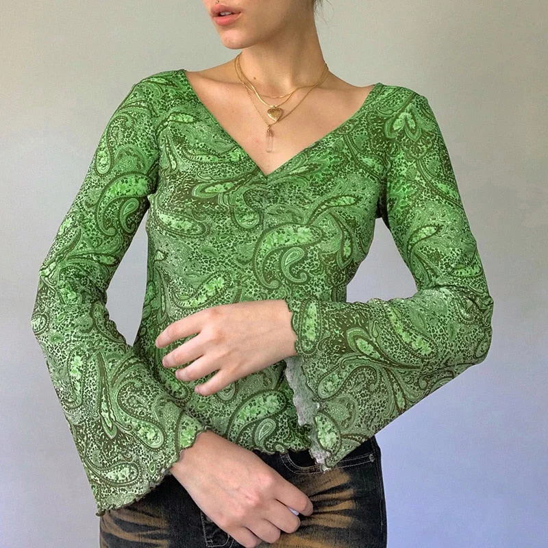 Rapcopter Lace Floral Crop Top Aesthetic y2k T Shirt Grunge Vintage V Neck Autumn Pullovers Women Harajuku Cute Tshirt Korean