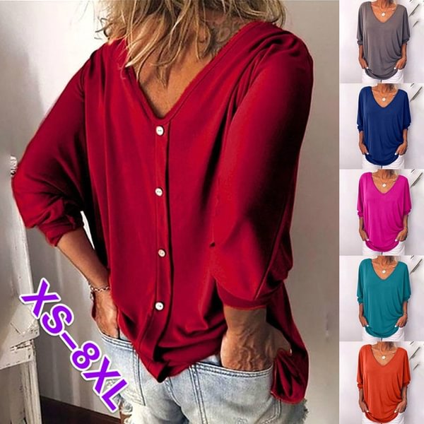 Autumn and Winter Fashion Women's Plus Size Long Sleeve T-shirts Casual Loose Button Stitching Pullover Sweatshirts Ladies Solid Color Cotton Tops XS-8XL - Life is Beautiful for You - SheChoic