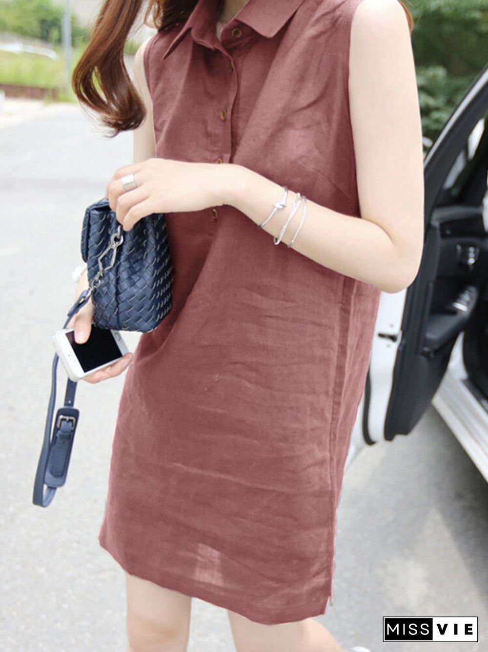 Solid Sleeveless Button Front Lapel Dress For Women