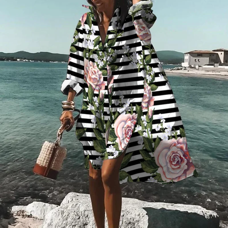 Horizontal Striped Rose Print Midi Dress