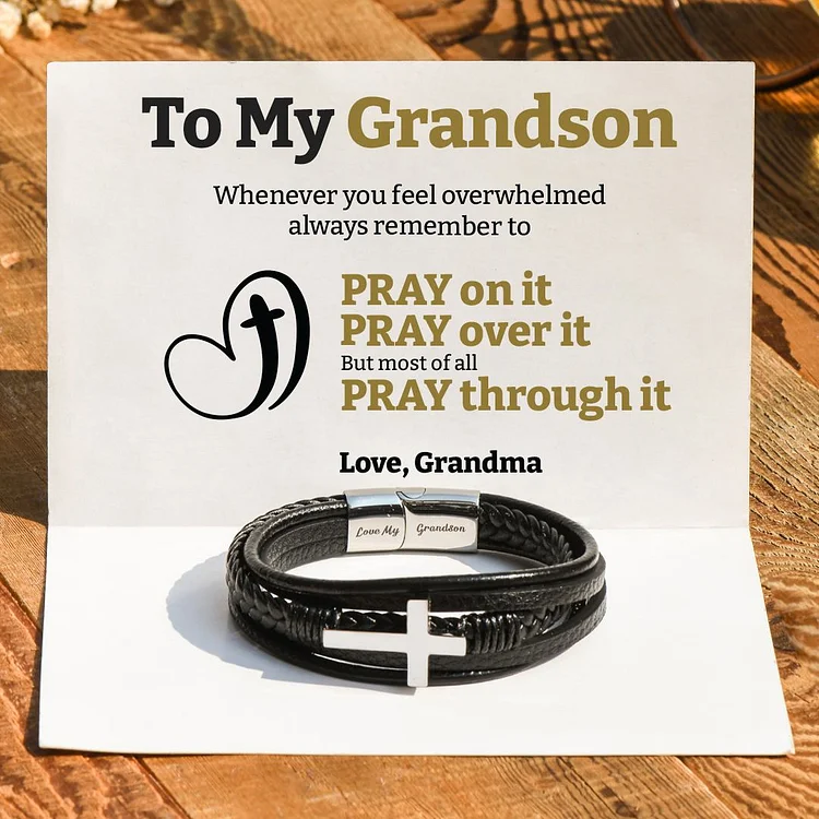 To My Grandson Cross Braided Leather Bracelet "Pray Through It"