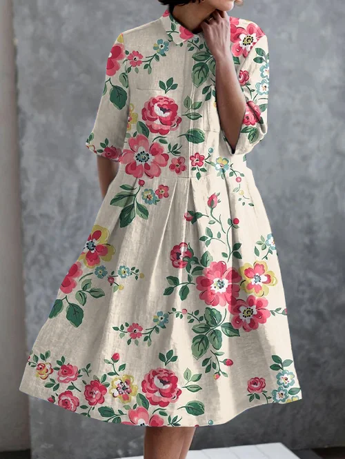 Vintage Floral Print Casual Pocket Half Sleeve Dress