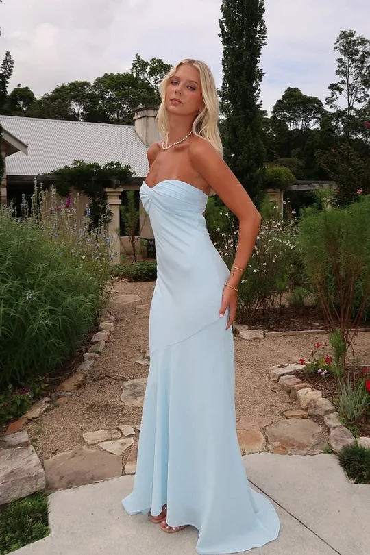 baby blue strapless prom dress Wedtrend Women Sparkly Blue Long Prom Dress A Line Removable Sleeves Spiral  Ruffles Corset Sequins Pleated Strapless Formal Dress – WEDTREND main image 1