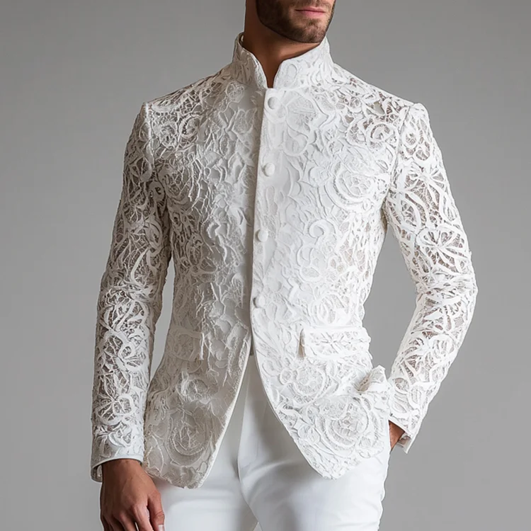 Okaywear Guipure Lace Stand Collar Button Long Sleeve Blazer Okaywear