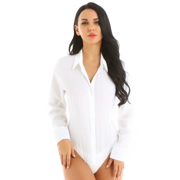 Women's Fashion Bodycon Leotard One-Piece Turn-down Collar Long Sleeve Bodysuit Shirt Top - Shop Trendy Women's Fashion | TeeYours