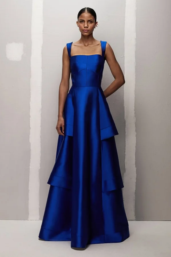 Dark Blue Formal Wide Shoulder Straps Square-Neck Prom Dress ZT0778