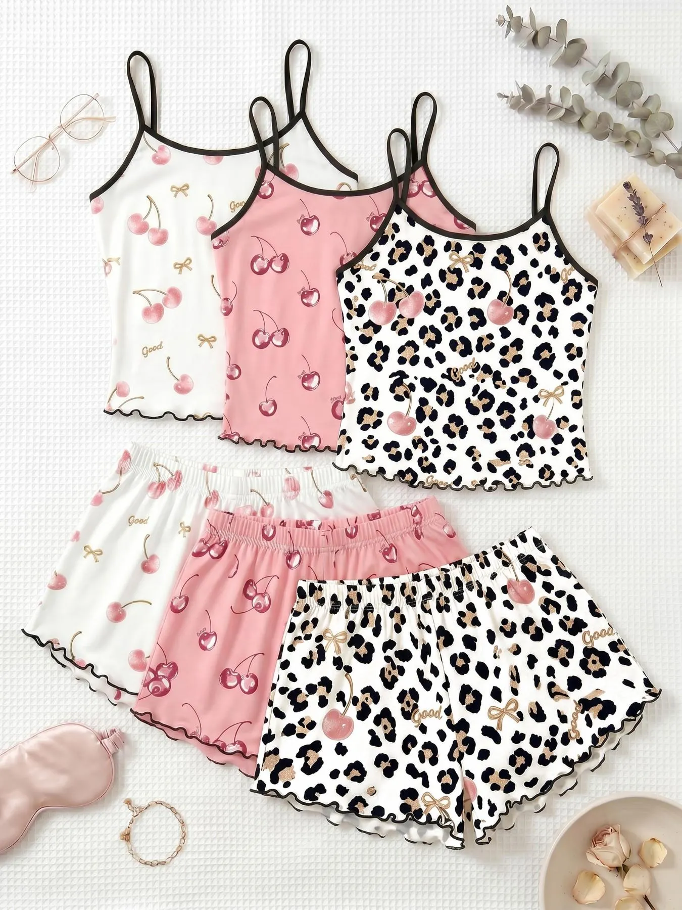 Cherry Print Halter Short Pajamas, Ruffle Trim Design, Sweet Girl Style, Breathable Home Sleepwear, 3-Piece Set Cherry Print Halter Short Pajamas, Ruffle Trim Design, Sweet Girl Style, Breathable Home Sleepwear, 3-Piece Set