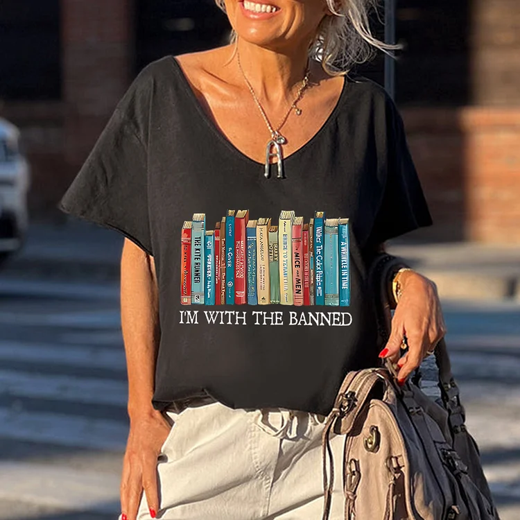 I'm With The Banned Books V-Neck Loose Short Sleeve T-Shirt - 1011558