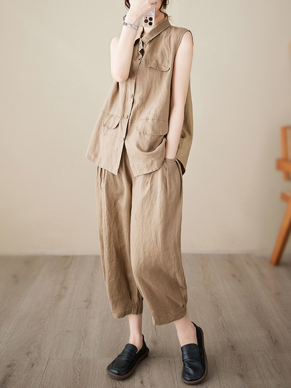 Solid Color Sleeveless Vest And Wide Leg Pants Two-Piece Set