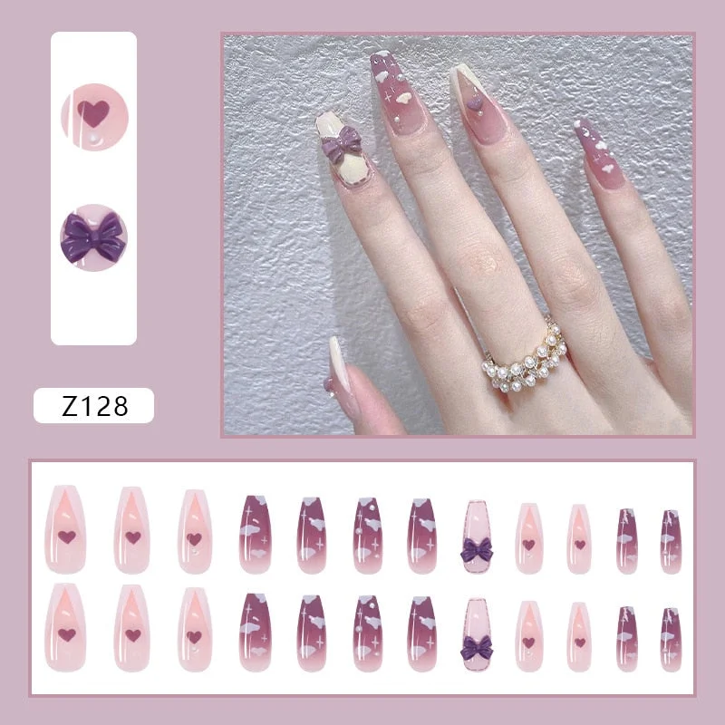 24PCS Love Heart False Nail Patch Sweet Style Women Removable MId Length Full Cover Manicure Tool False Nail Patch with Glue