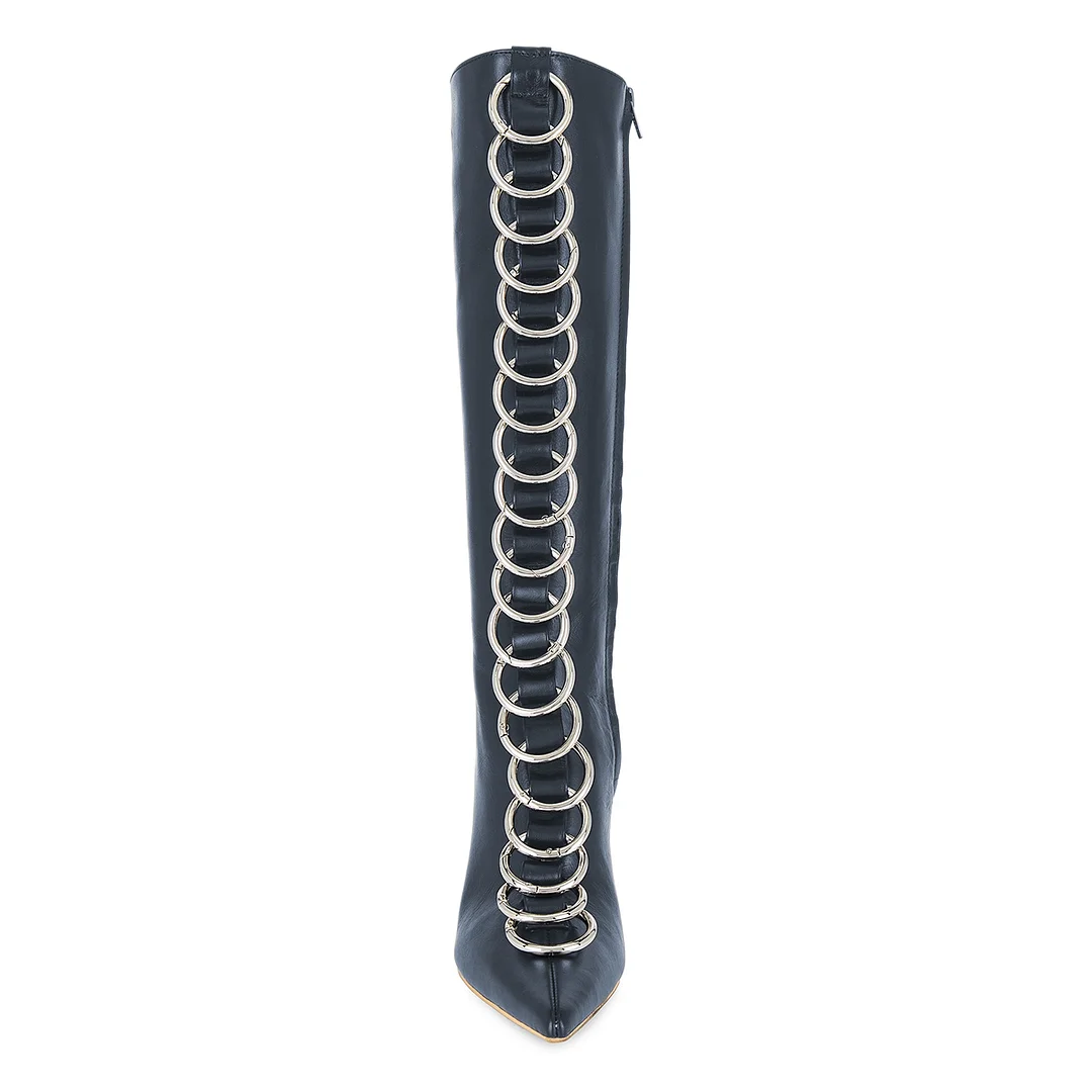 Women's Vegan Leather Pointed Toe Silver Ring Knee High Boots in Navy