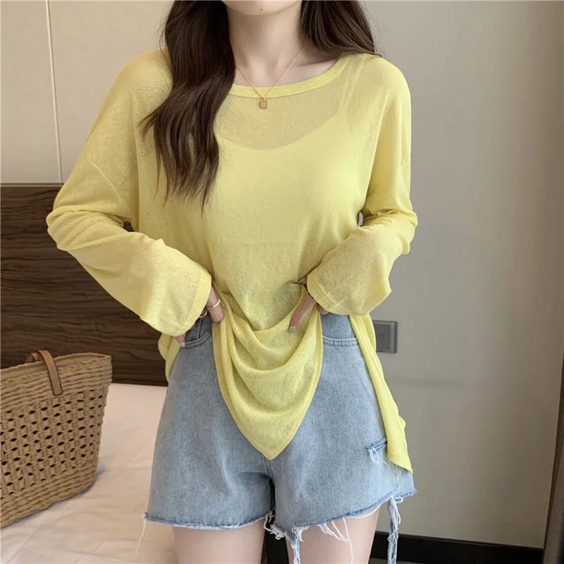 Uveng Uveng Fork Sunscreen Long-Sleeved T-Shirt For Women 2023 New Solid-Color Top Loose Air-Conditioning Hooded Summer Bottoming Shirt