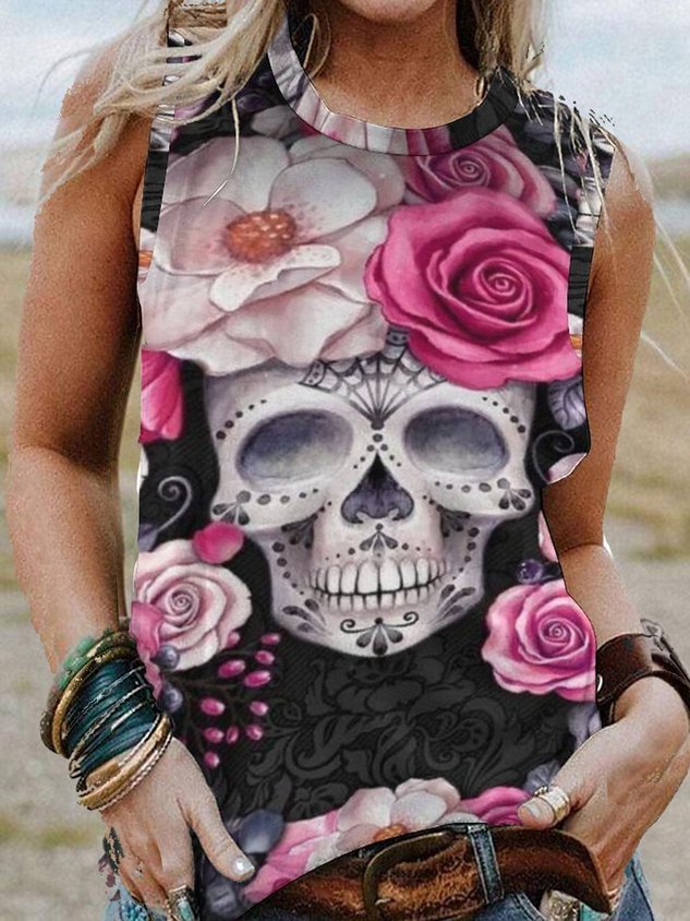 Womens Skull Flower Print Casual Top