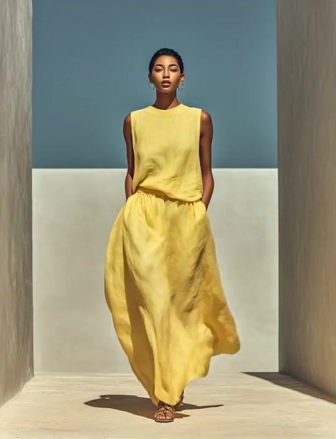 Women&rsquo;s Yellow Linen-Blend Sleeveless Top & Maxi Skirt Two-Piece Set