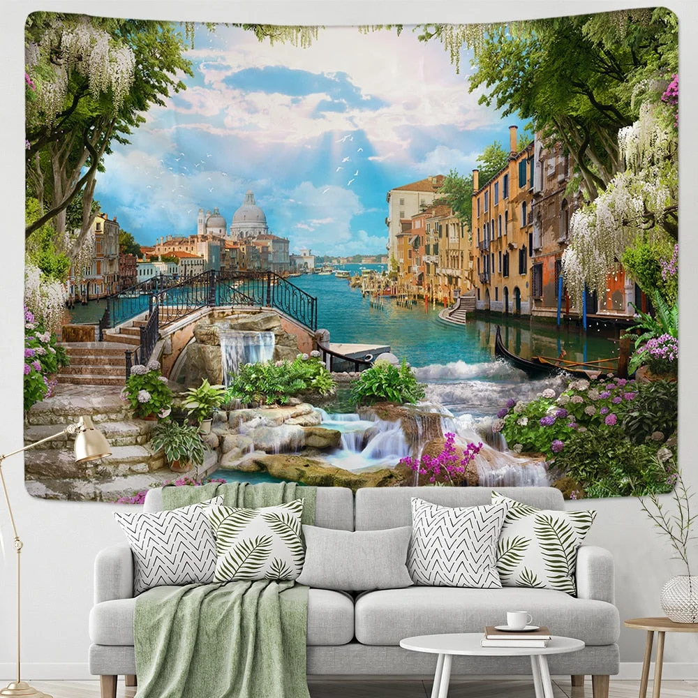 Fake Frame Tapestry Wall Hanging River Sky Clouds Bohemian Dorm Decor Yoga Mat Rug Architectural Attraction Venice