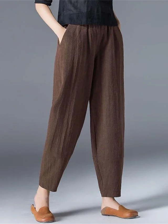 Women's Slacks Baggy Cropped  Ankle-Length Linen Pocket Elastic Mid Waist Pants