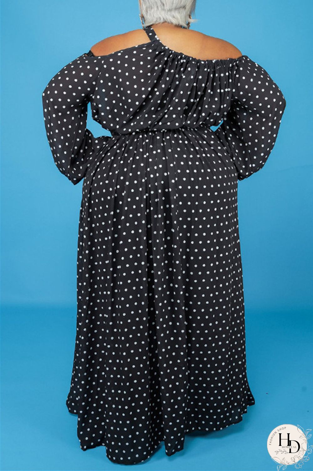 Black Fashion Casual Print Hollowed Out Oblique Collar Long Sleeve Plus Size Dresses