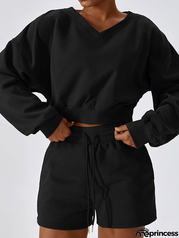V-Neck Dropped Shoulder Sports Sweatshirt