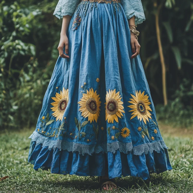 Utbros Sunflower Embroidered Lace Art Flowy Linen Skirt