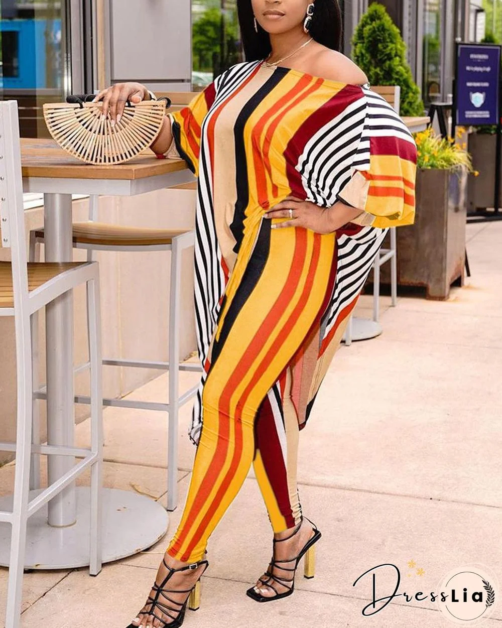 Color Block Striped Long Sleeve Blouse With Pants Suit Sets