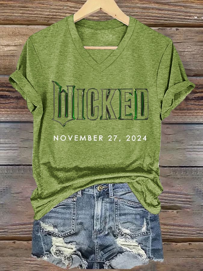 V-neck Halloween Wicked Print T-Shirt