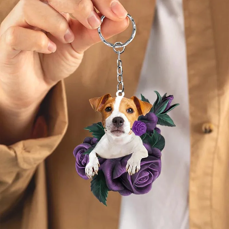 VigorDaily Jack Russell Terrier In Purple Rose Acrylic Keychain PR003