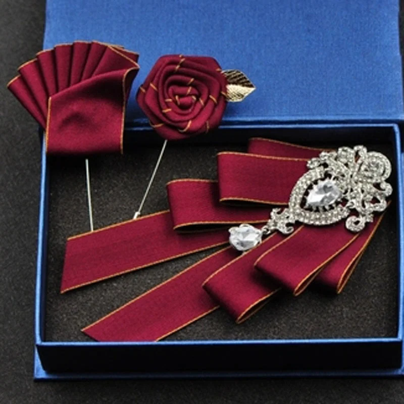 High-quality Fashion Handmade Red Diamond Bow Tie Wedding Collar Bowtie Brooch Pocket Towel Square Set Gifts for Men Accessories