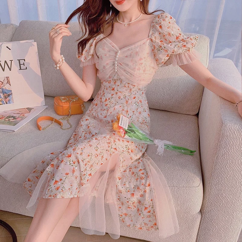 Uveng Vintage Strap Chic Dress for Women Floral Lace Midi Dresses Female Beach Party One Piece Dress Korean Style 2021 Summer