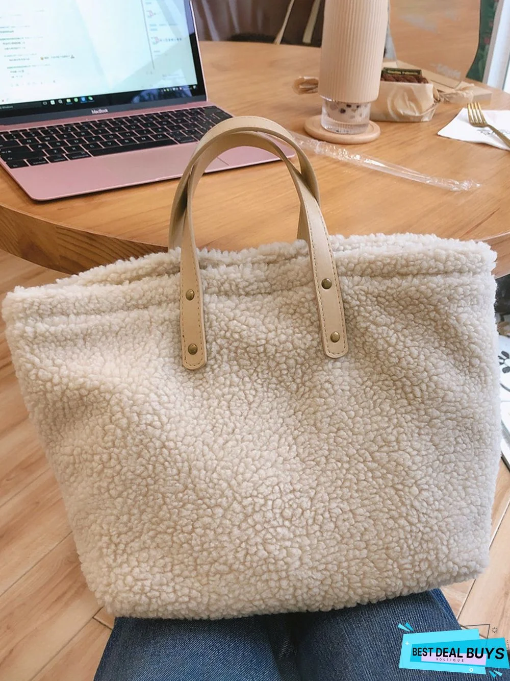 Pure Color Lambswool Large Capacity Handbag