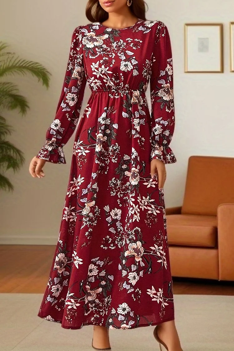 Cinch Waist Long Sleeve Round Neck Floral Print Midi Dresses