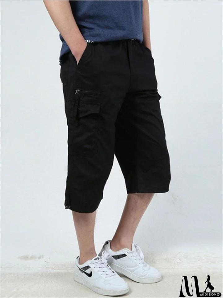 MidiSono - Men&rsquo;s Casual Front Zip Fastening Multi-Pocket Lightweight Cargo Cropped Pants