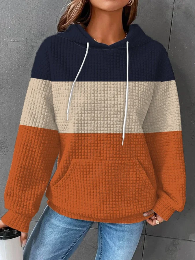 Waffle Fashionable Contrast Stripe Print Casual Hooded Sweatshirt