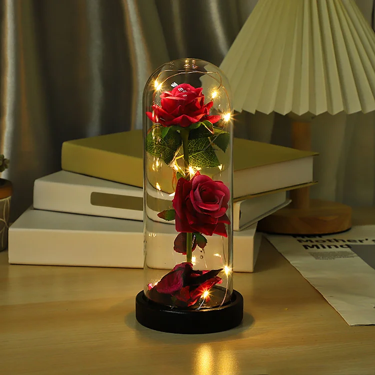 Two Roses Black Base Glass Cover Preserved Flowers