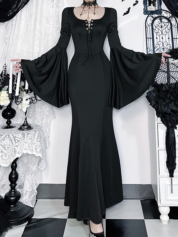 Adam Family Inspired Gothic Lace-Up Neck Flared Sleeves & Mermaid Hem Dress