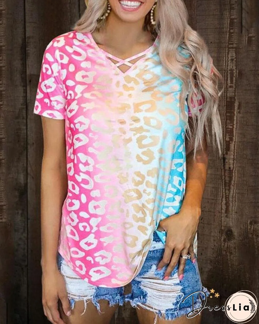 Gradient Color Criss-Cross T-Shirt Tee