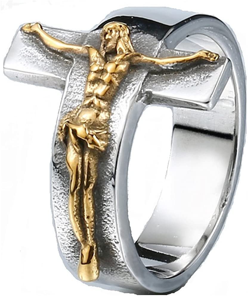 JAJAFOOK Men's Vintage Stainless Steel Jesus Cross Band Crucifix Ring,Silver Gold