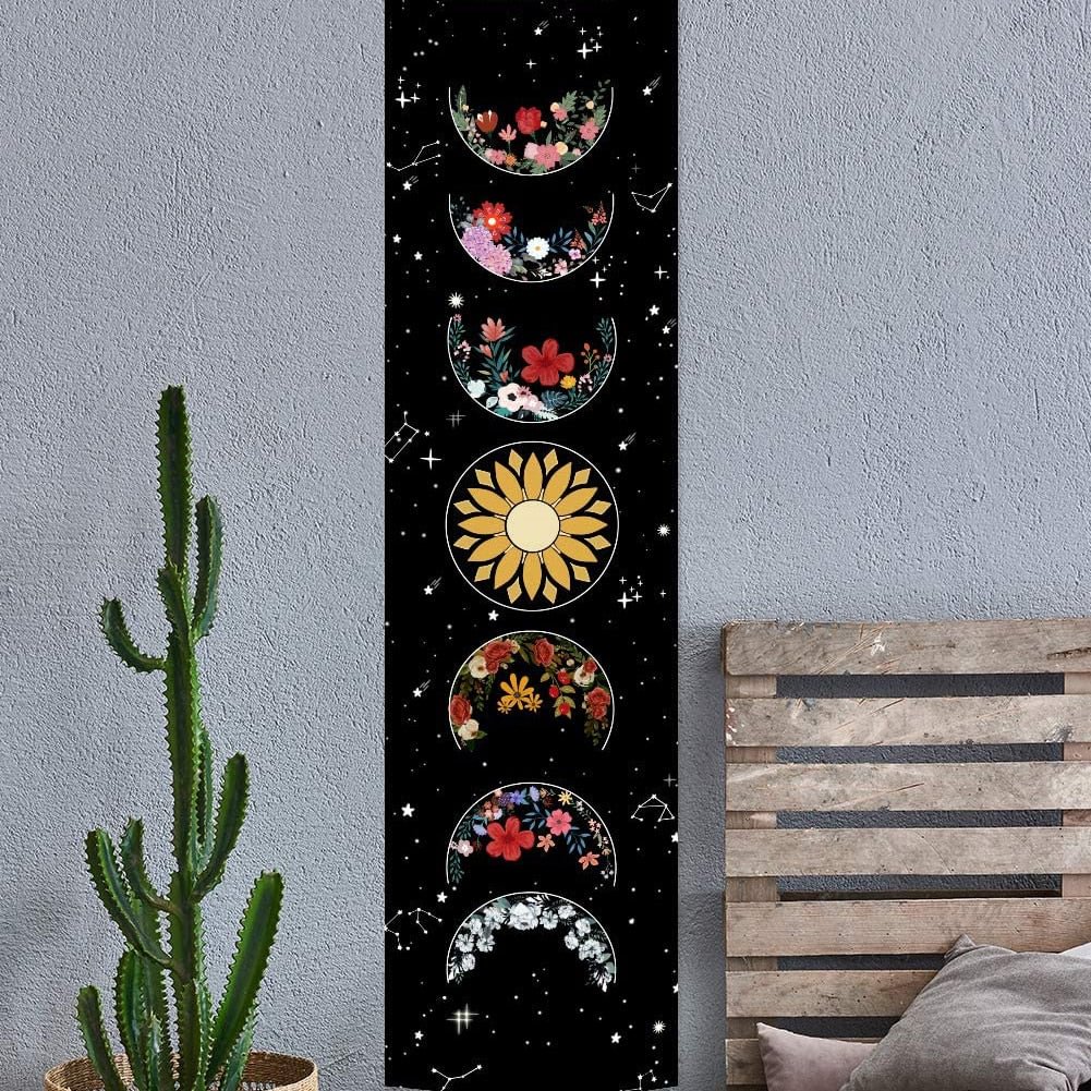 Psychedelic Moon Phase Tapestry Black and White Wall Hanging Moon Floral Throw Blanket Home Decor Wall Hanging Bohemian Wall