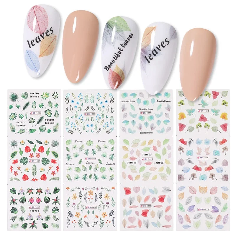 12 Styles Harunouta Nail Water Decals Maple Leaves Geometric  Line Nail Water Stickers Slider Nail Art Decoration Wraps-Nail Inspo