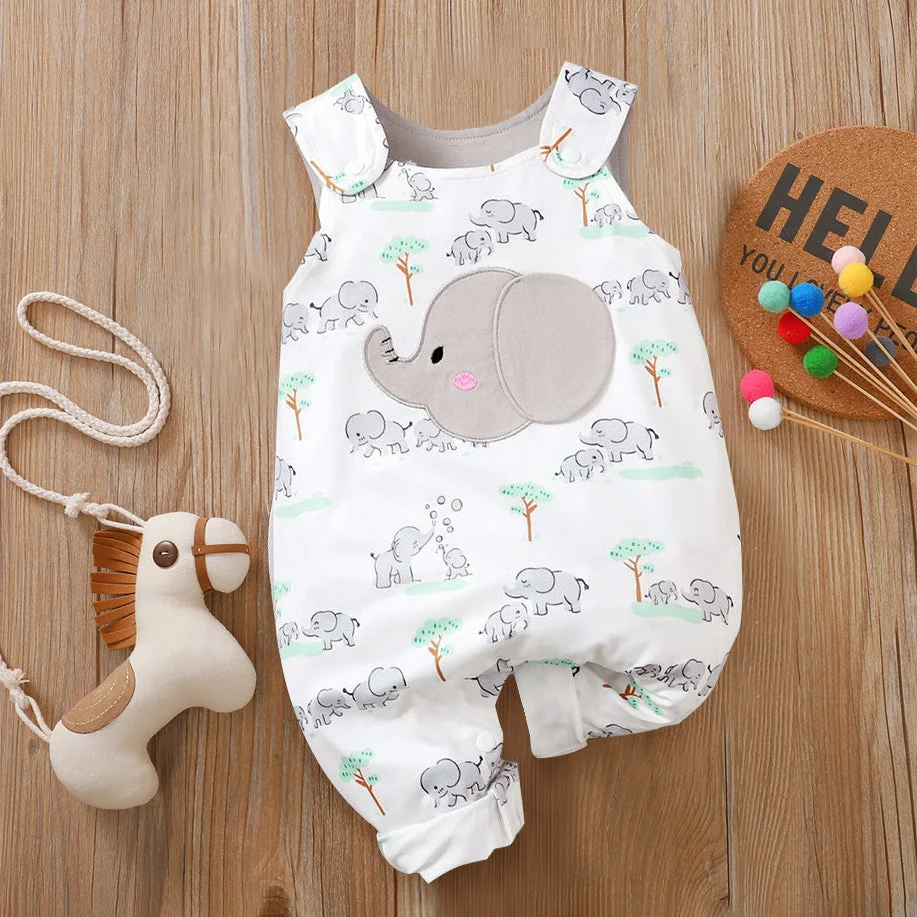 Sweet Cartoon Elephant Printed Baby Jumpsuit