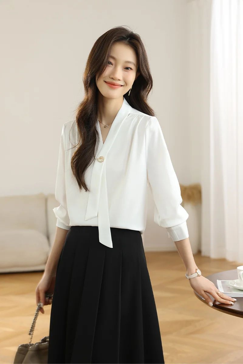 Athvotar Athvotar 2025 New Denatry White Shirt Lady Long Sleeve Spring Commuting Professional Shirt Temperament Ribbon