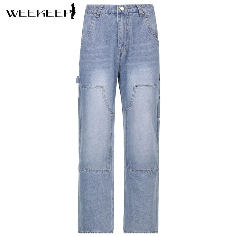 Weekeep Streetwear High Waist Jeans Women Baggy Cargo Pants Patchwork Denim Straight Trousers Autumn Casual Korean Harajuku 2021
