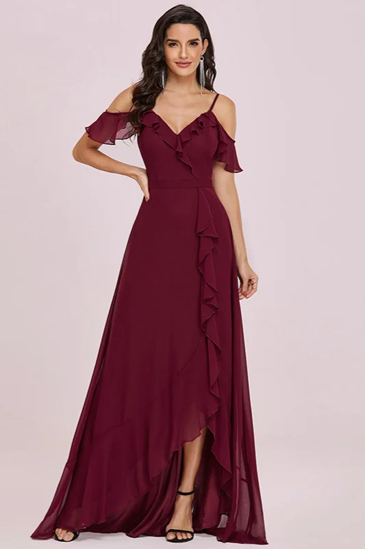 Burgundy Chiffon Long Evening Gowns With Ruffles - lulusllly