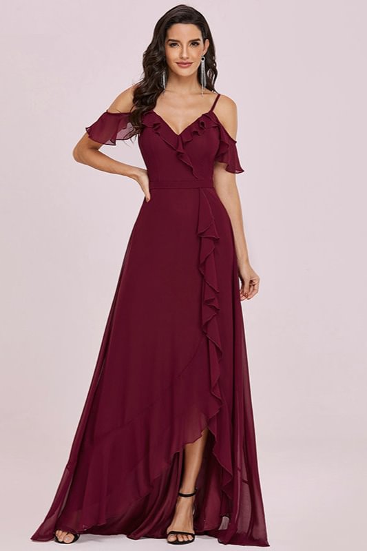 Burgundy Chiffon Long Evening Gowns With Ruffles - lulusllly