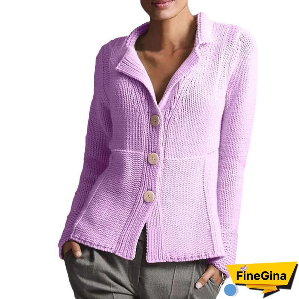 Lapel Plain Button Knit Sweater Cardigan