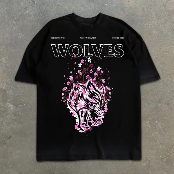 Wolf Sakura Graphic Print Short Sleeve T-Shirt