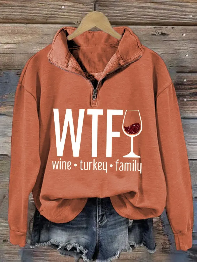 Women'S WTF Wine Turkey Family Print Sweatshirt 