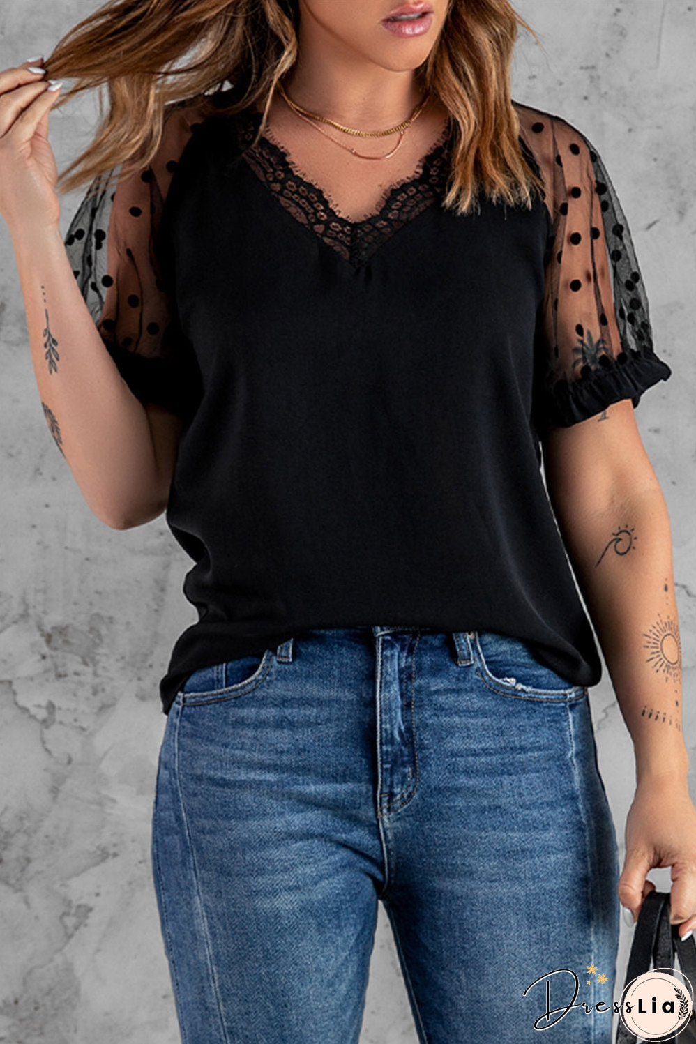 Polka Dot Lace Trim Spliced Mesh Blouse